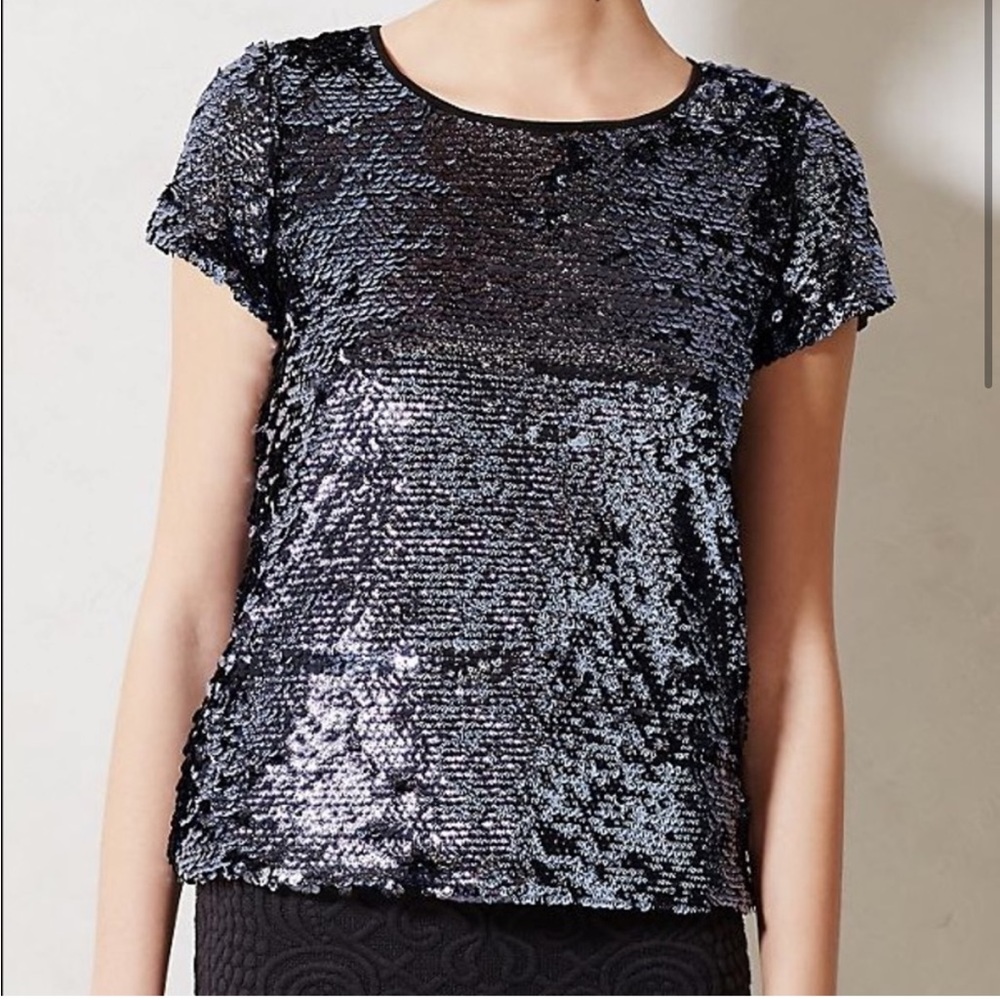 Leifsdottir Antro Metallic Slate Blue Sparkly Sequin Short Sleeve Party Top S